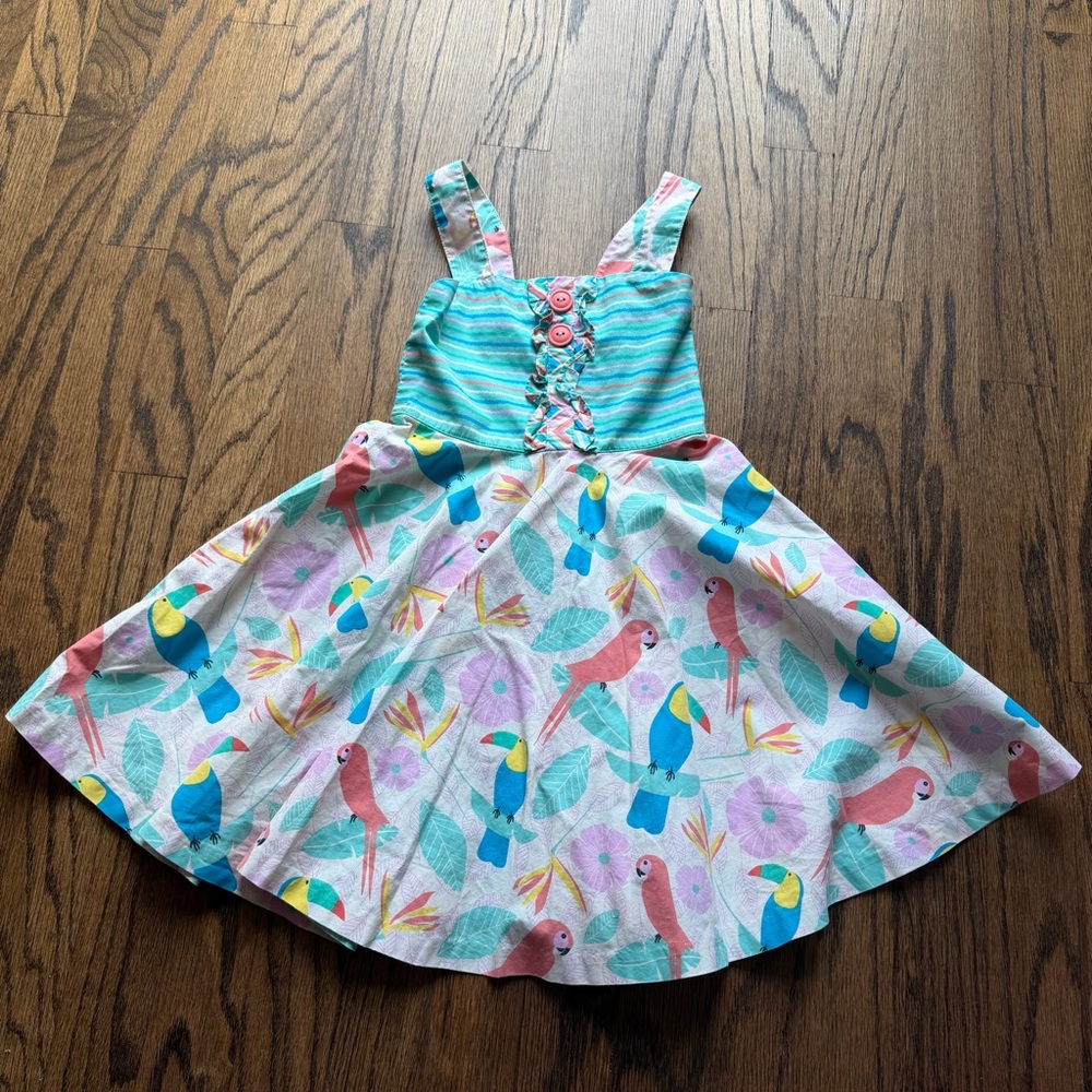 Eleanor Rose Teal and Pink Parrot Print Kids Dress